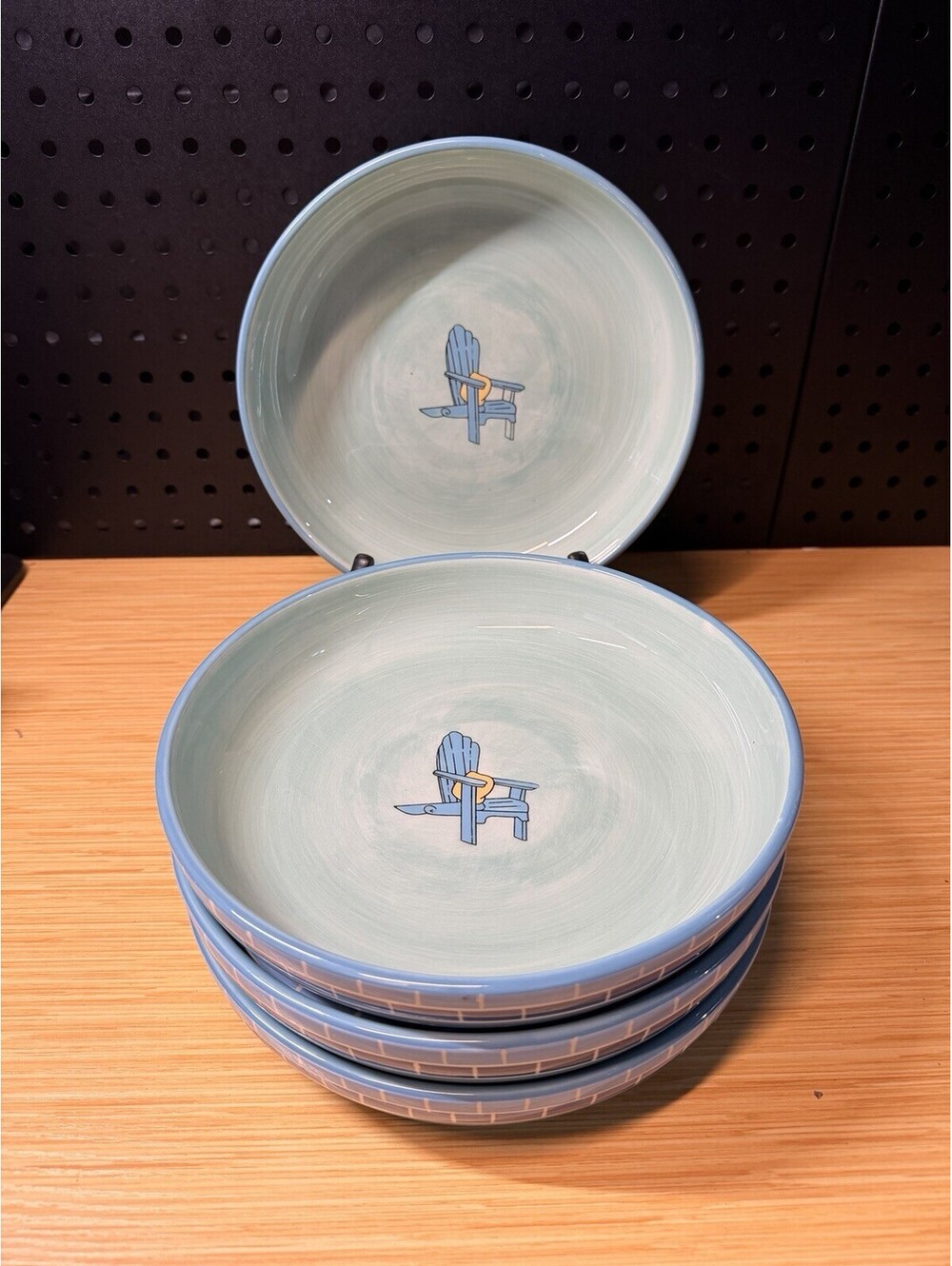 4 Brushes Blue Brick Pattern Dinner Plates Bowls K.I.C. Handpainted Stonemite